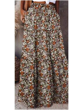 Boho Floral Print Pockets Stretchy Waist Maxi Skirt